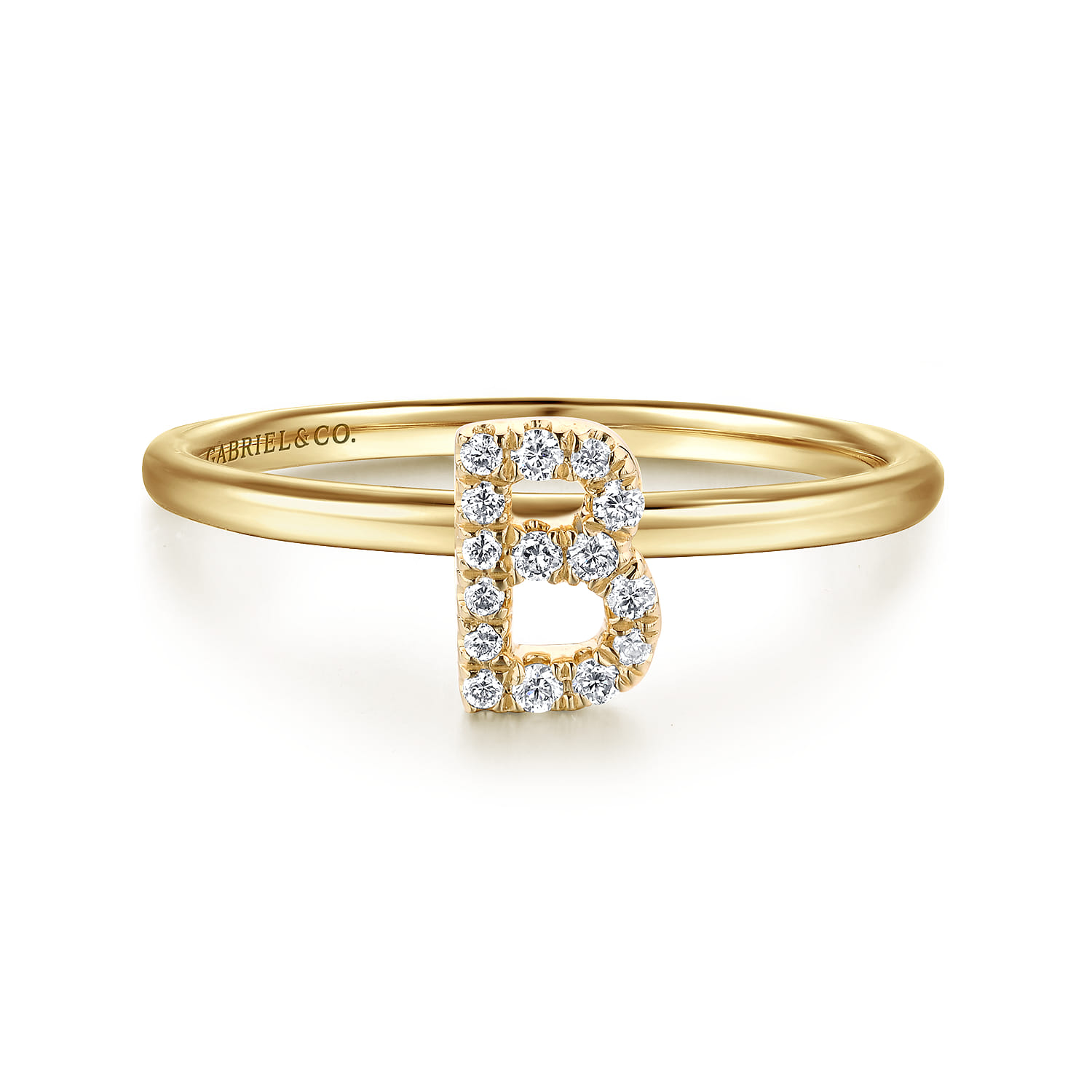 14K Yellow Gold Pave Diamond Uppercase B Initial Ring - 0.08 ct - Shot 1