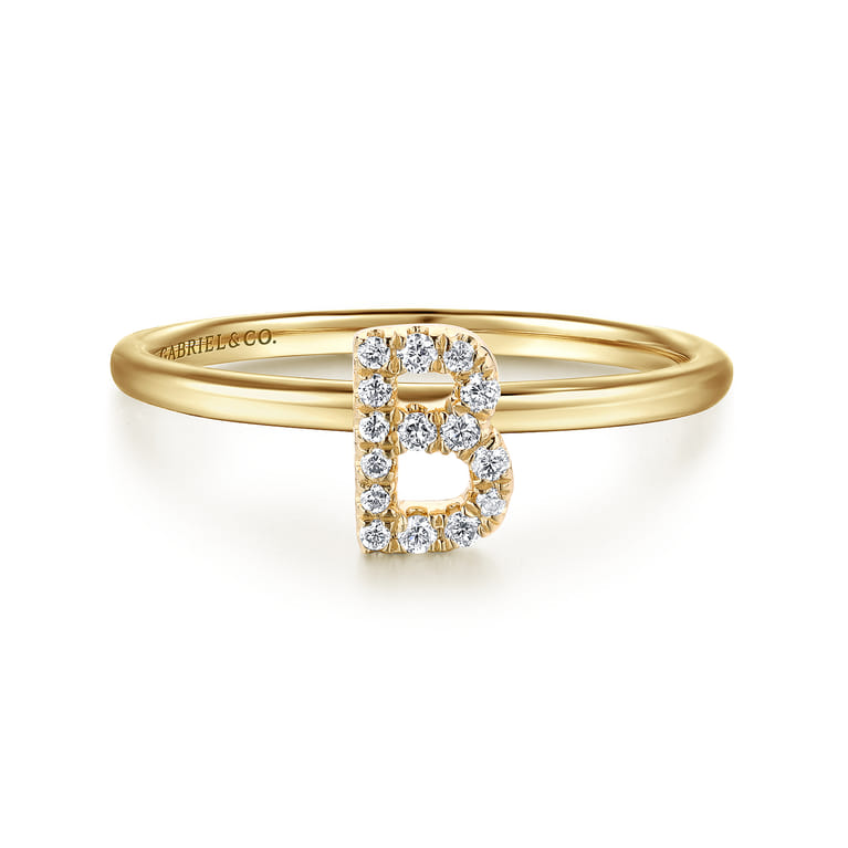 14K Yellow Gold Pave Diamond Uppercase B Initial Ring - 0.08 ct - Shot 1