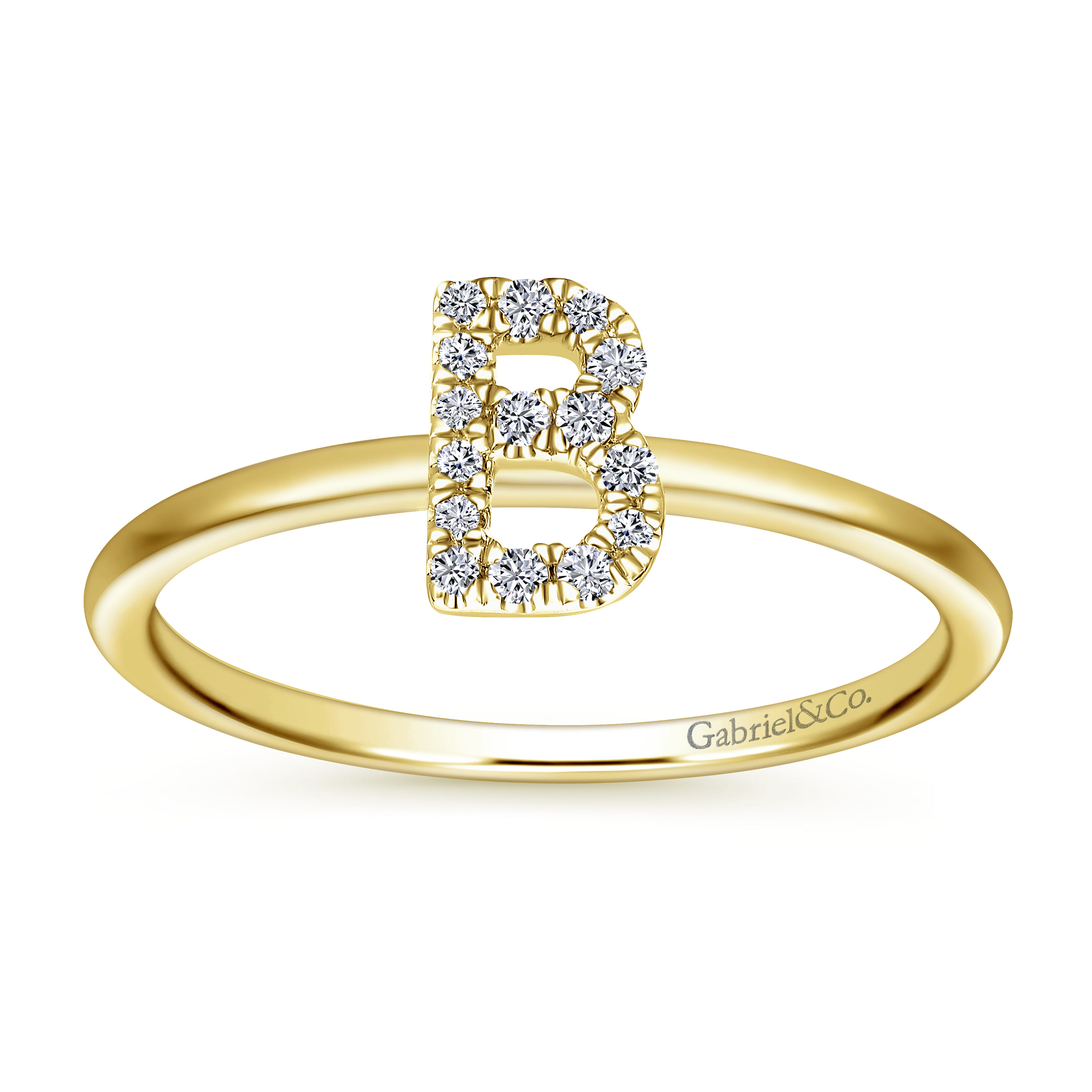 14K Yellow Gold Pave Diamond Uppercase B Initial Ring - 0.08 ct - Shot 4