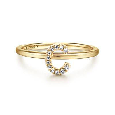 14K Yellow Gold Pave Diamond Uppercase C Initial Ring