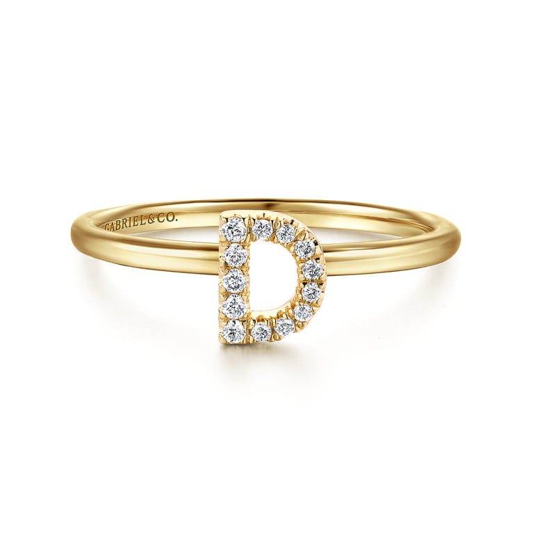 14K Yellow Gold Pave Diamond Uppercase D Initial Ring - 0.07 ct - Shot 1