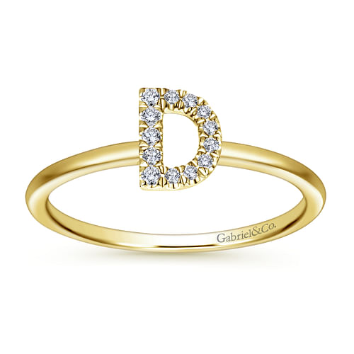 14K Yellow Gold Pave Diamond Uppercase D Initial Ring - 0.07 ct - Shot 4
