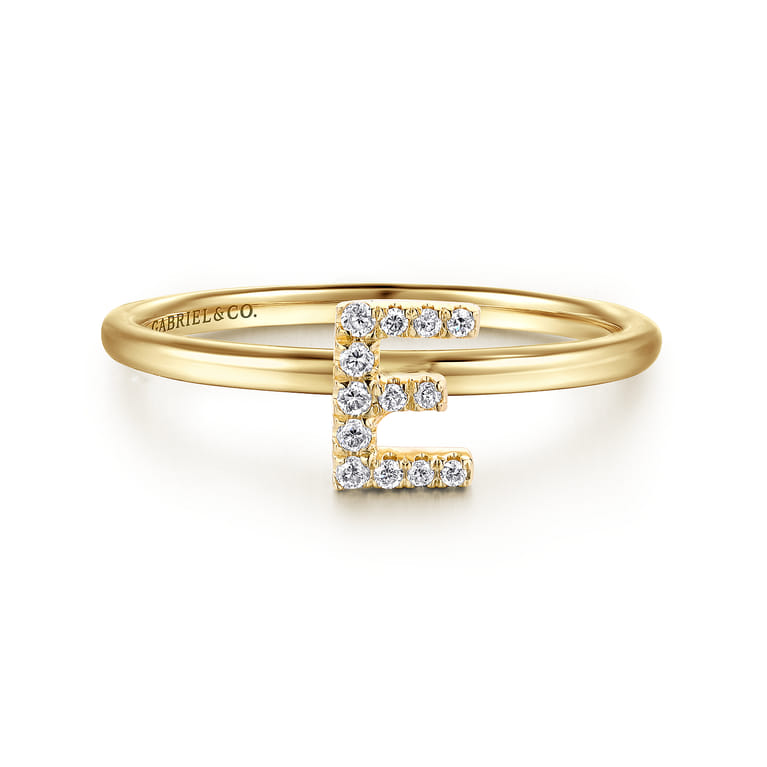 14K Yellow Gold Pave Diamond Uppercase E Initial Ring - 0.06 ct - Shot 1