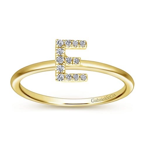 14K Yellow Gold Pave Diamond Uppercase E Initial Ring - 0.06 ct - Shot 4