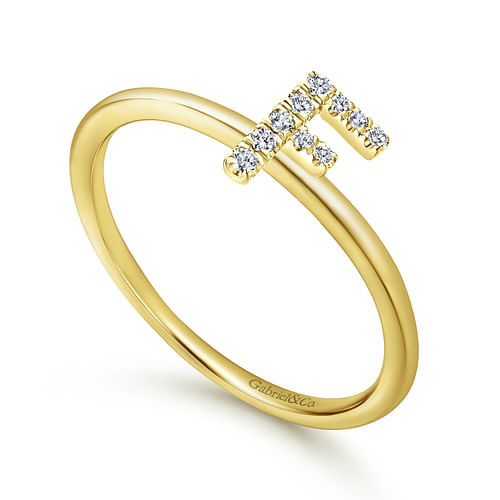 14K Yellow Gold Pave Diamond Uppercase F Initial Ring - 0.05 ct - Shot 3