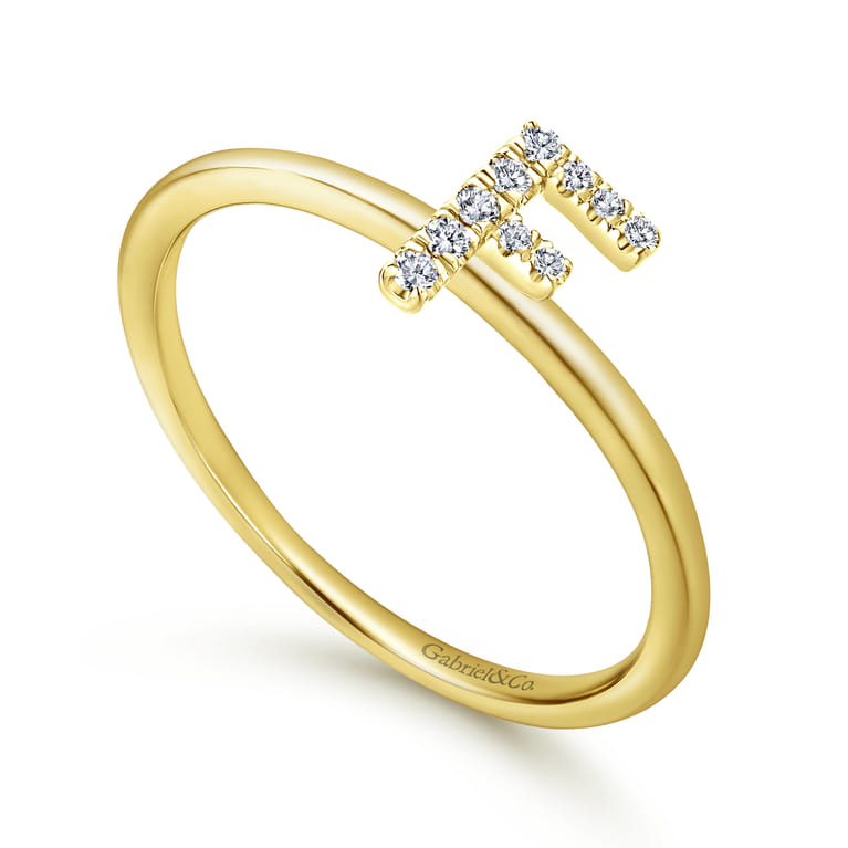 14K Yellow Gold Pave Diamond Uppercase F Initial Ring - 0.05 ct - Shot 3