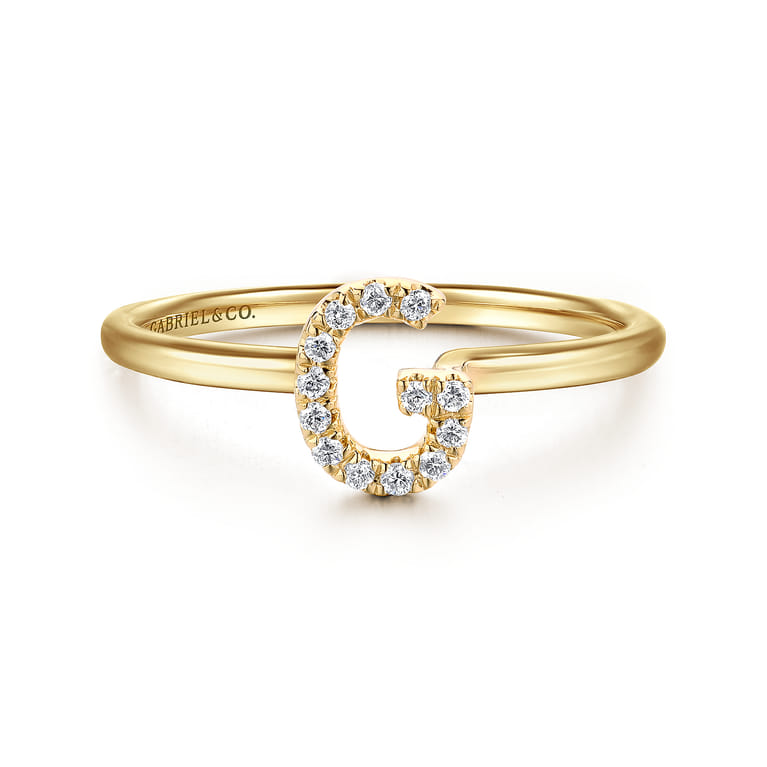 14K Yellow Gold Pave Diamond Uppercase G Initial Ring - 0.07 ct - Shot 1