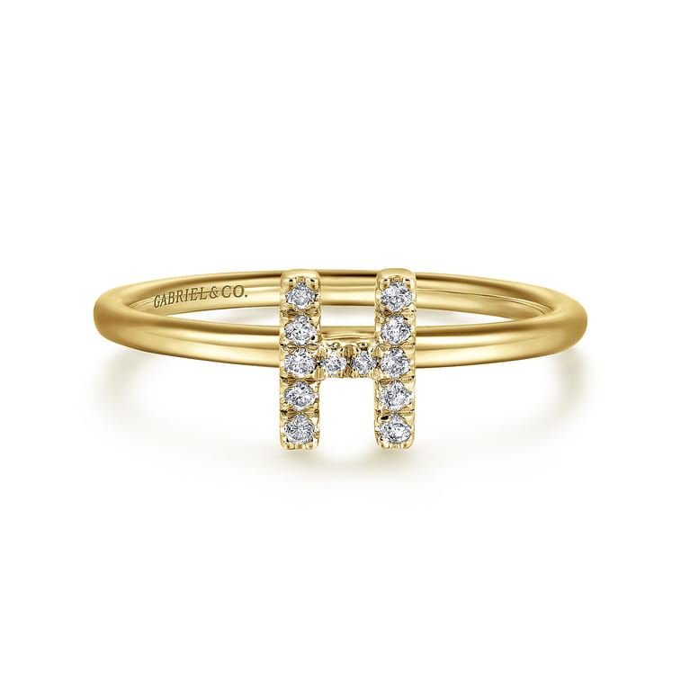 14K Yellow Gold Pave Diamond Uppercase H Initial Ring - 0.07 ct - Shot 1