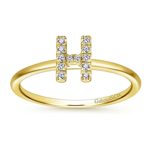 14K Yellow Gold Pave Diamond Uppercase H Initial Ring - 0.07 ct - Shot 4