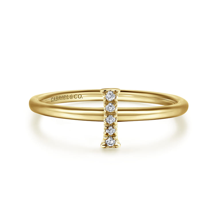 14K Yellow Gold Pave Diamond Uppercase I Initial Ring - 0.03 ct - Shot 1