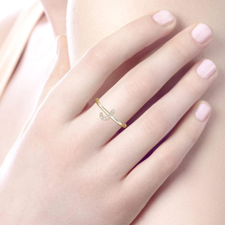 14K Yellow Gold Pave Diamond Uppercase J Initial Ring - 0.04 ct - Shot 5