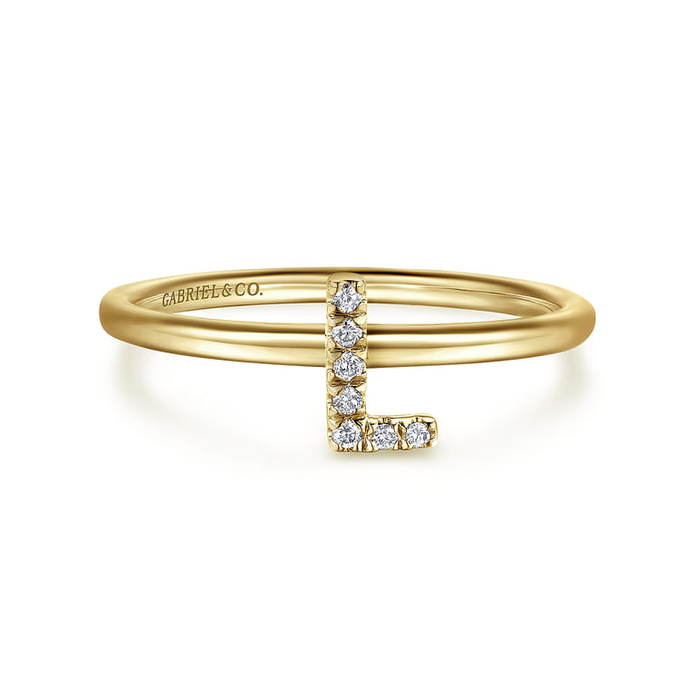 14K Yellow Gold Pave Diamond Uppercase L Initial Ring - 0.04 ct - Shot 1