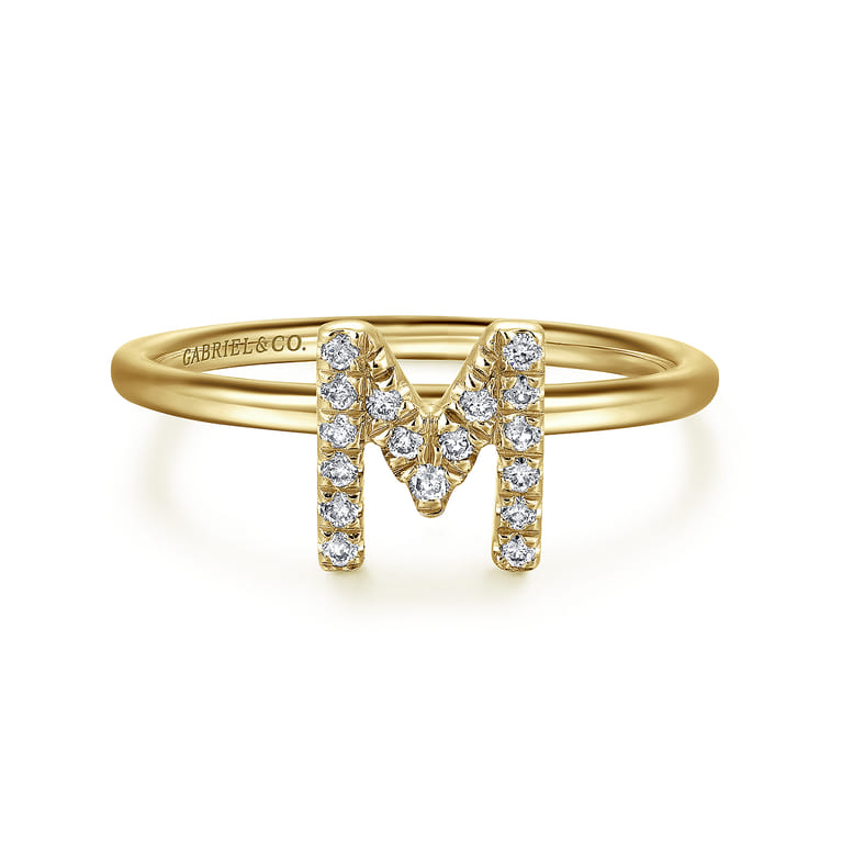 14K Yellow Gold Pave Diamond Uppercase M Initial Ring - 0.07 ct - Shot 1
