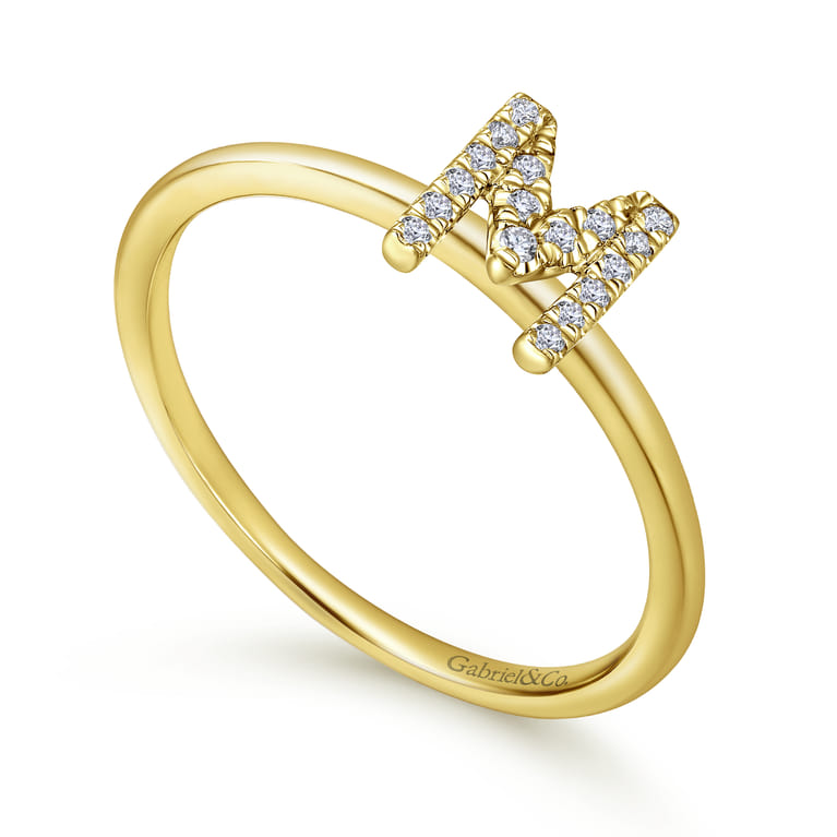 14K Yellow Gold Pave Diamond Uppercase M Initial Ring - 0.07 ct - Shot 3