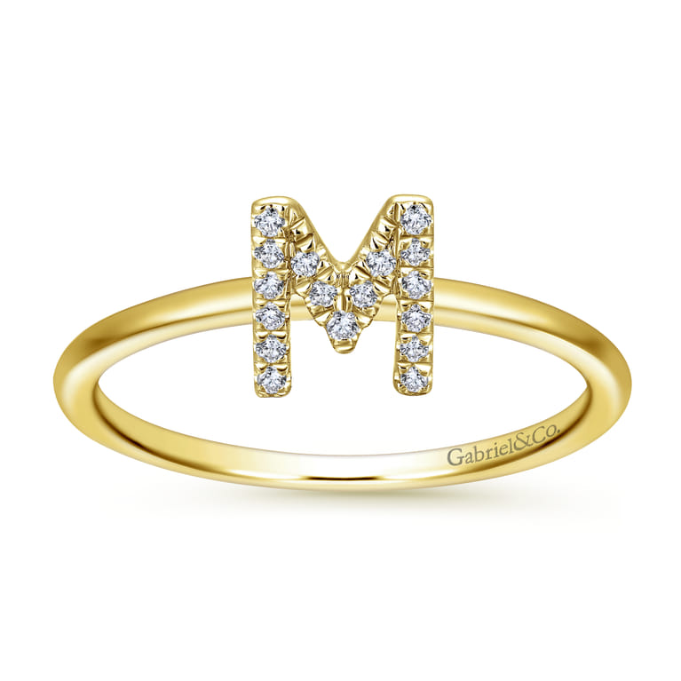 14K Yellow Gold Pave Diamond Uppercase M Initial Ring - 0.07 ct - Shot 4