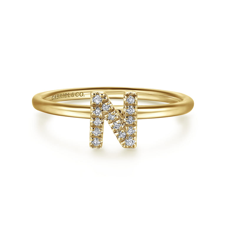 14K Yellow Gold Pave Diamond Uppercase N Initial Ring - 0.06 ct - Shot 1