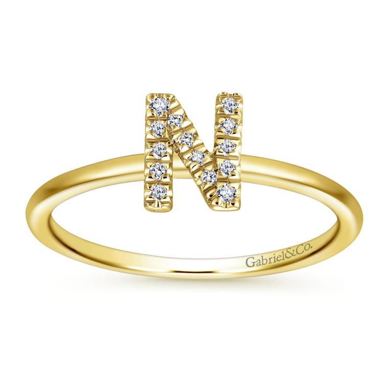 14K Yellow Gold Pave Diamond Uppercase N Initial Ring - 0.06 ct - Shot 4