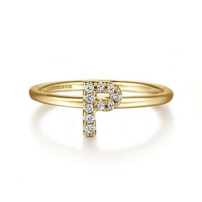 14K Yellow Gold Pave Diamond Uppercase P Initial Ring