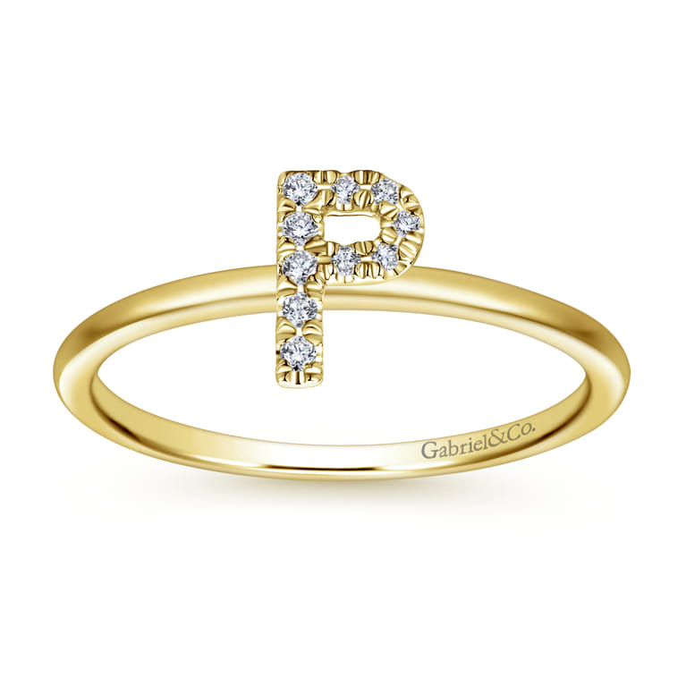 14K Yellow Gold Pave Diamond Uppercase P Initial Ring - 0.05 ct - Shot 4
