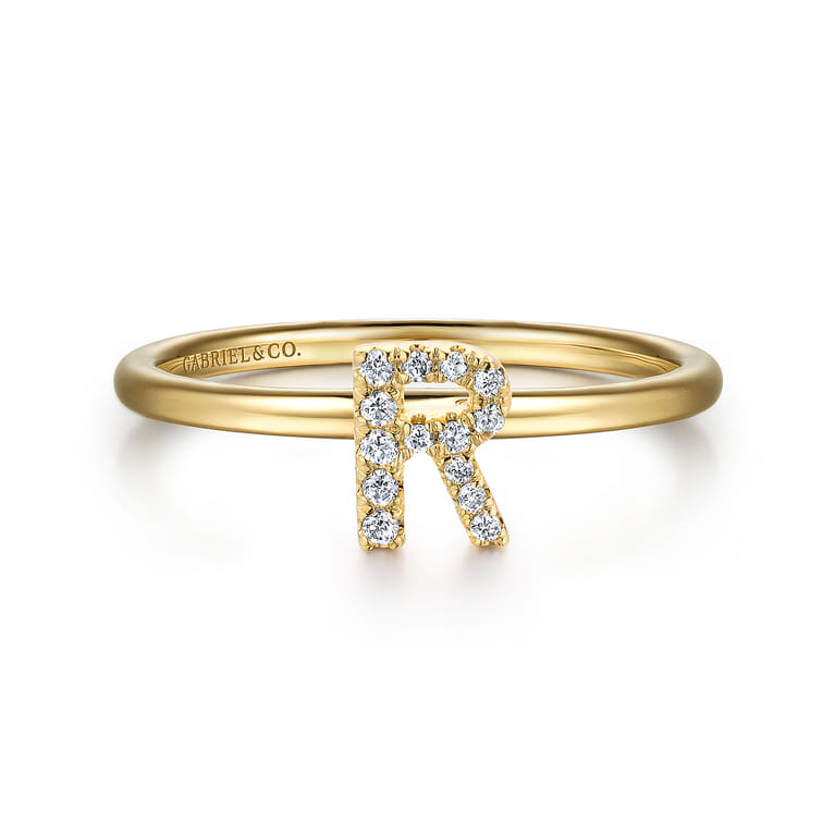 14K Yellow Gold Pave Diamond Uppercase R Initial Ring - 0.06 ct - Shot 1