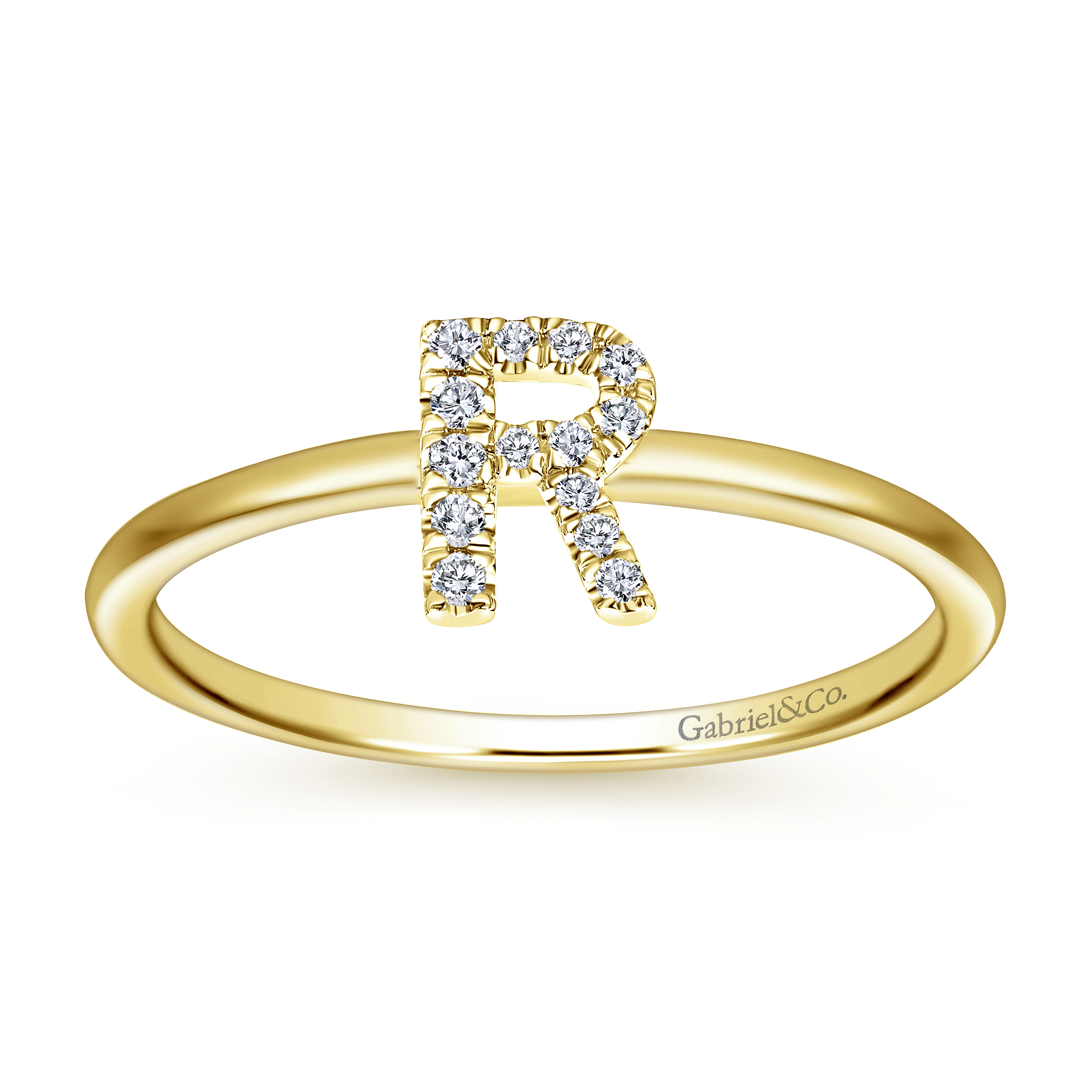 14K Yellow Gold Pave Diamond Uppercase R Initial Ring - 0.06 ct - Shot 4