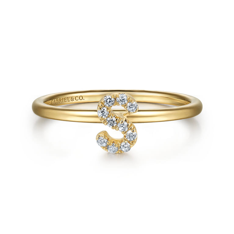 14K Yellow Gold Pave Diamond Uppercase S Initial Ring - 0.07 ct - Shot 1