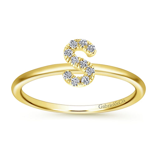 14K Yellow Gold Pave Diamond Uppercase S Initial Ring - 0.07 ct - Shot 4