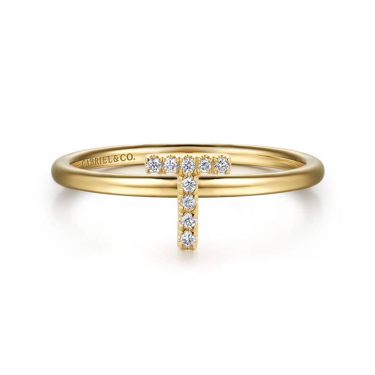 14K Yellow Gold Pave Diamond Uppercase T Initial Ring - 0.05 ct - Shot 1