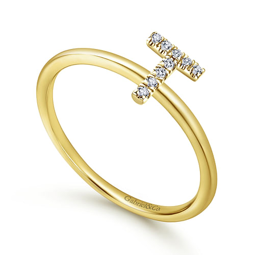 14K Yellow Gold Pave Diamond Uppercase T Initial Ring - 0.05 ct - Shot 3