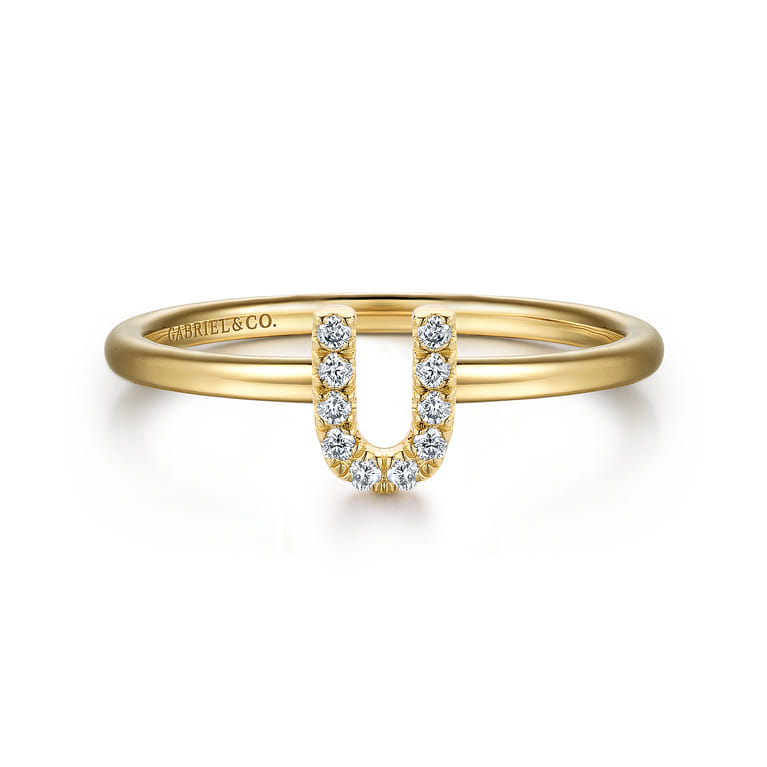14K Yellow Gold Pave Diamond Uppercase U Initial Ring - 0.06 ct - Shot 1