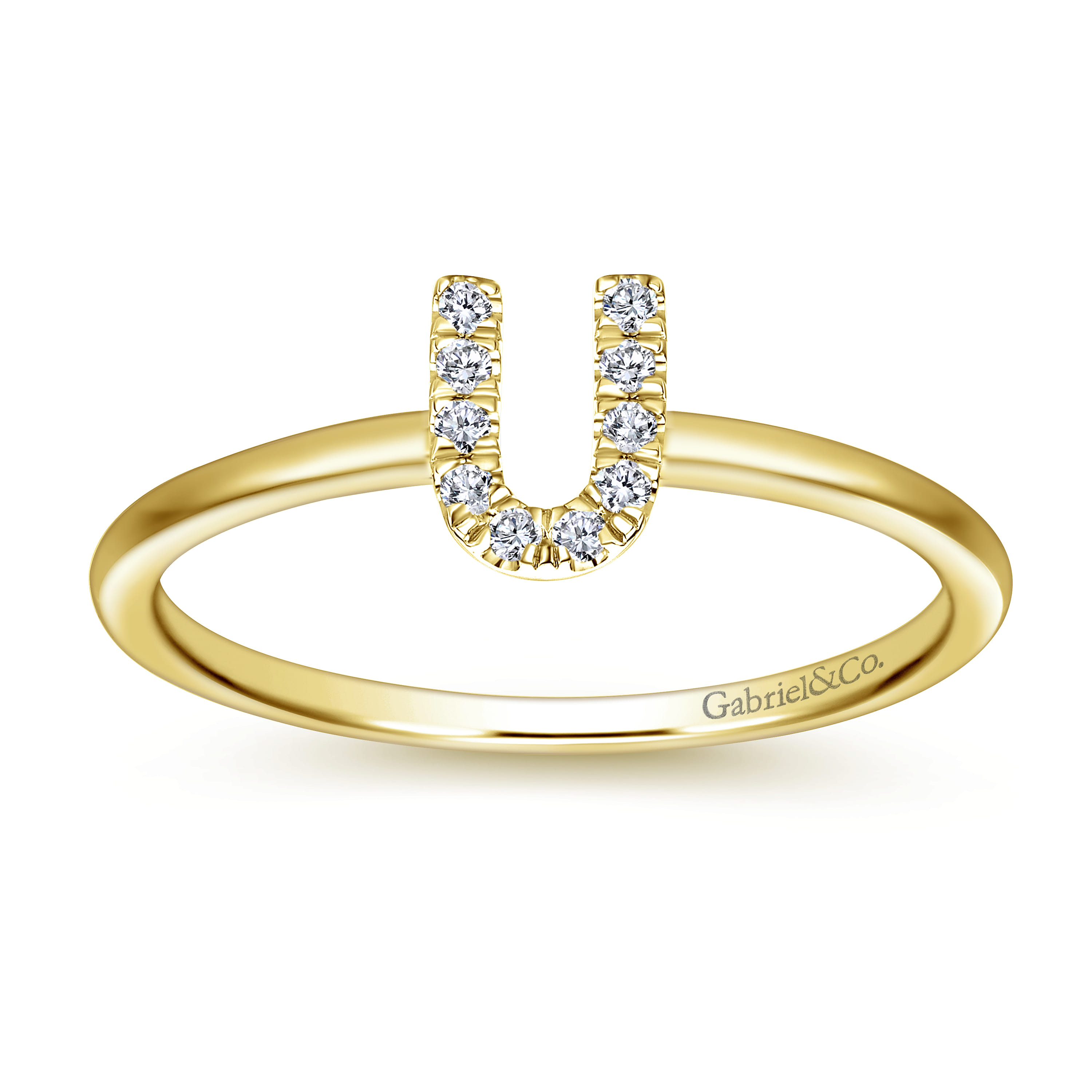 14K Yellow Gold Pave Diamond Uppercase U Initial Ring - 0.06 ct - Shot 4