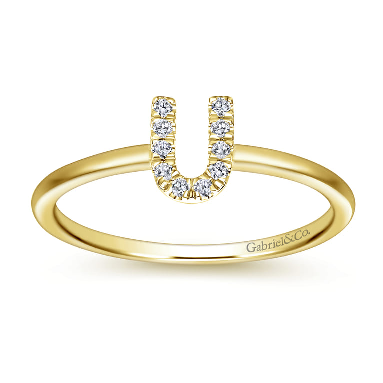 14K Yellow Gold Pave Diamond Uppercase U Initial Ring - 0.06 ct - Shot 4
