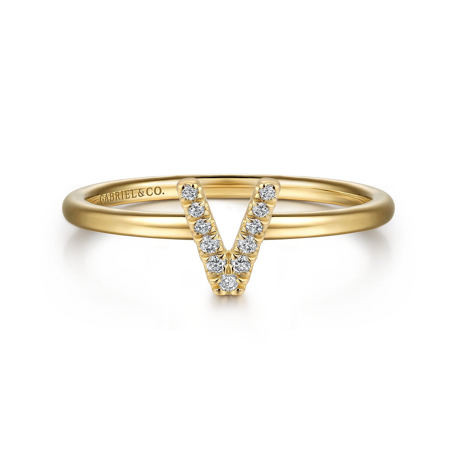 14K Yellow Gold Pave Diamond Uppercase V Initial Ring - 0.05 ct - Shot 1