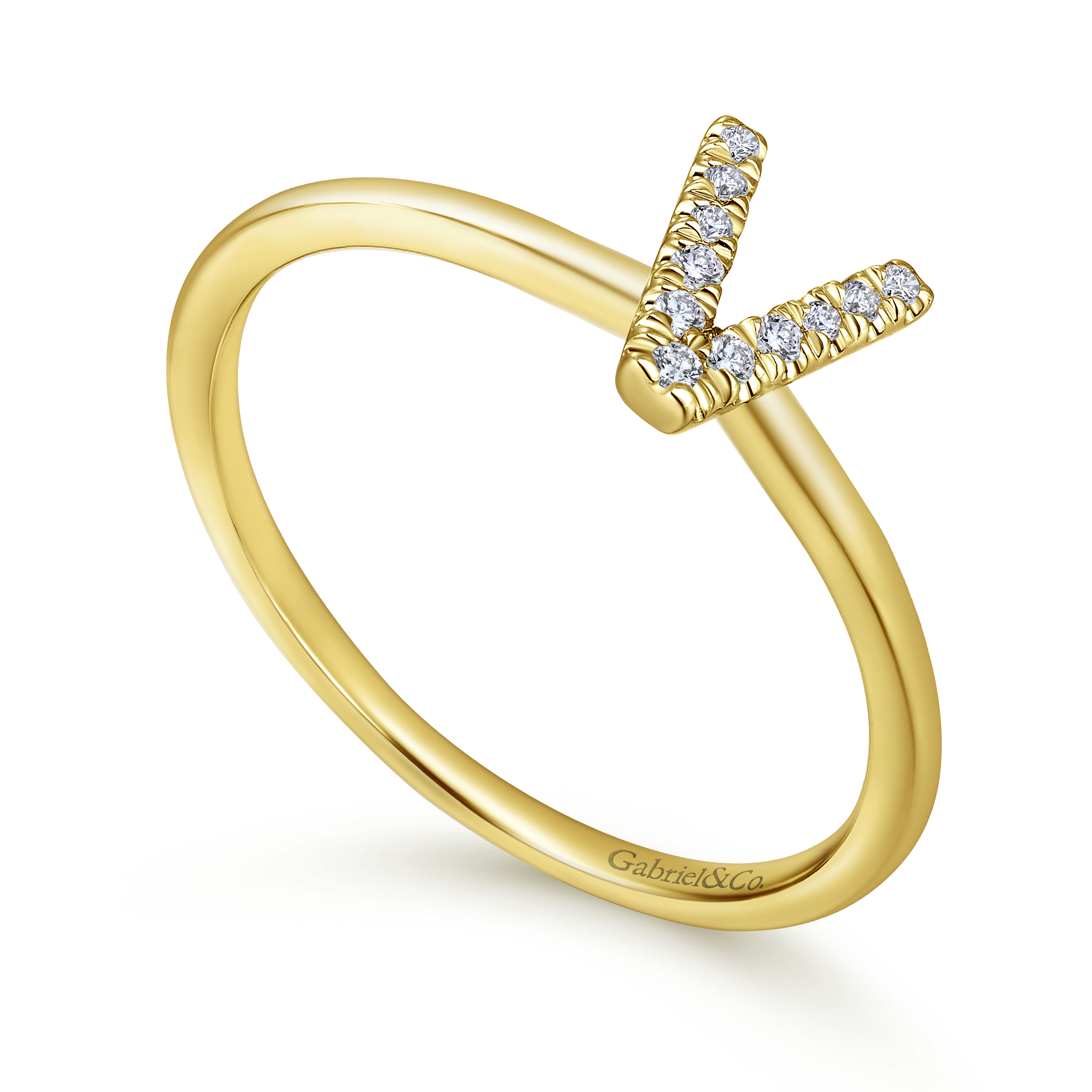 14K Yellow Gold Pave Diamond Uppercase V Initial Ring - 0.05 ct - Shot 3