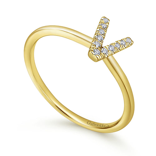 14K Yellow Gold Pave Diamond Uppercase V Initial Ring - 0.05 ct - Shot 3
