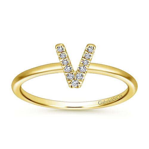 14K Yellow Gold Pave Diamond Uppercase V Initial Ring - 0.05 ct - Shot 4