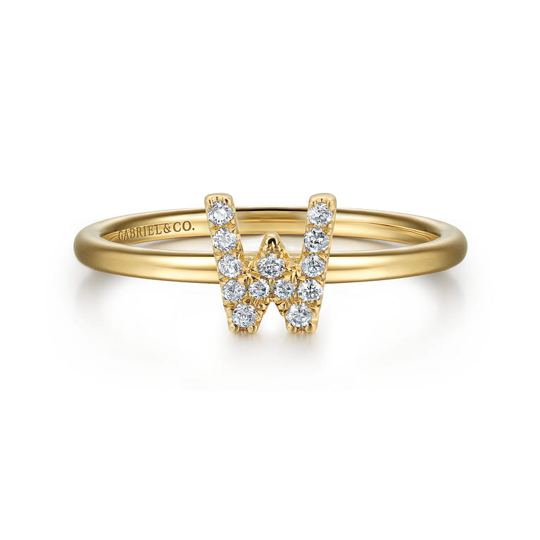 14K Yellow Gold Pave Diamond Uppercase W Initial Ring - 0.08 ct - Shot 1