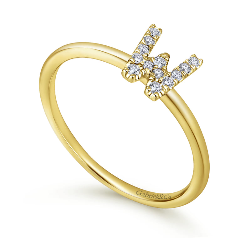 14K Yellow Gold Pave Diamond Uppercase W Initial Ring - 0.08 ct - Shot 3