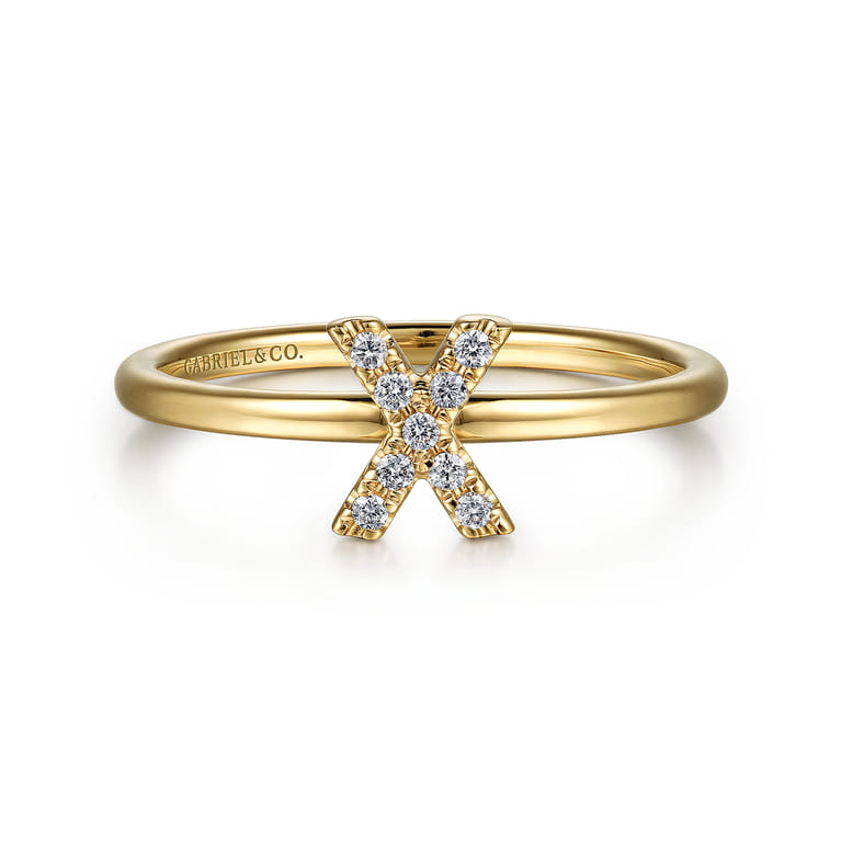 14K Yellow Gold Pave Diamond Uppercase X Initial Ring - 0.06 ct - Shot 1