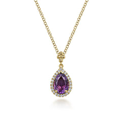 14K Yellow Gold Pear Shape Amethyst with Diamond Halo Necklace