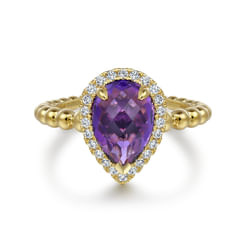 14K Yellow Gold Pear Shape Amethyst with Diamond Halo Ring