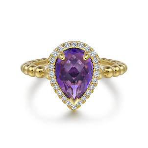 14K Yellow Gold Pear Shape Amethyst with Diamond Halo Ring