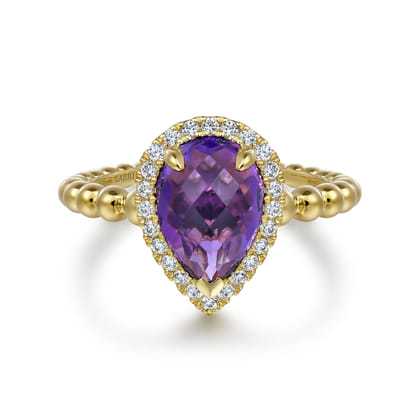 14K Yellow Gold Pear Shape Amethyst with Diamond Halo Ring