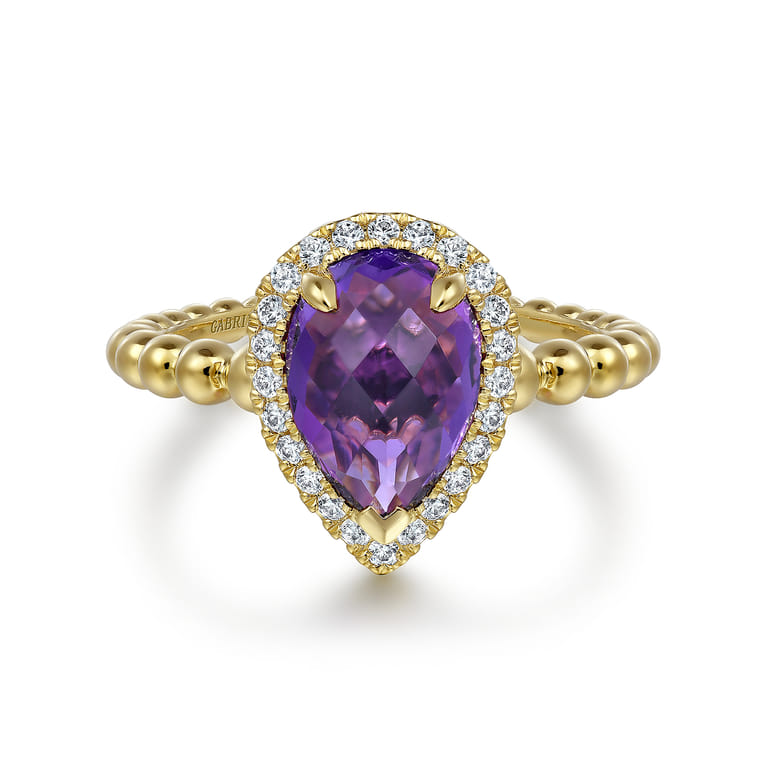 14K Yellow Gold Pear Shape Amethyst with Diamond Halo Ring - 0.17 ct - Shot 1