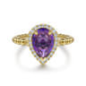 14K Yellow Gold Pear Shape Amethyst with Diamond Halo Ring - 0.17 ct