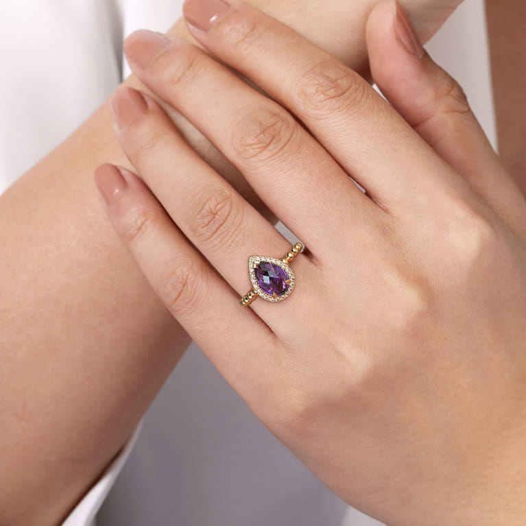 14K Yellow Gold Pear Shape Amethyst with Diamond Halo Ring - 0.17 ct - Shot 5