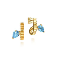 14K Yellow Gold Pear Shape Blue Topaz and Diamond Cut J-Hoop Earrings