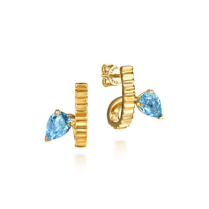 14K Yellow Gold Pear Shape Blue Topaz and Diamond Cut J-Hoop Earrings