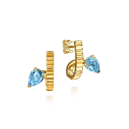 14K Yellow Gold Pear Shape Blue Topaz and Diamond Cut J-Hoop Earrings