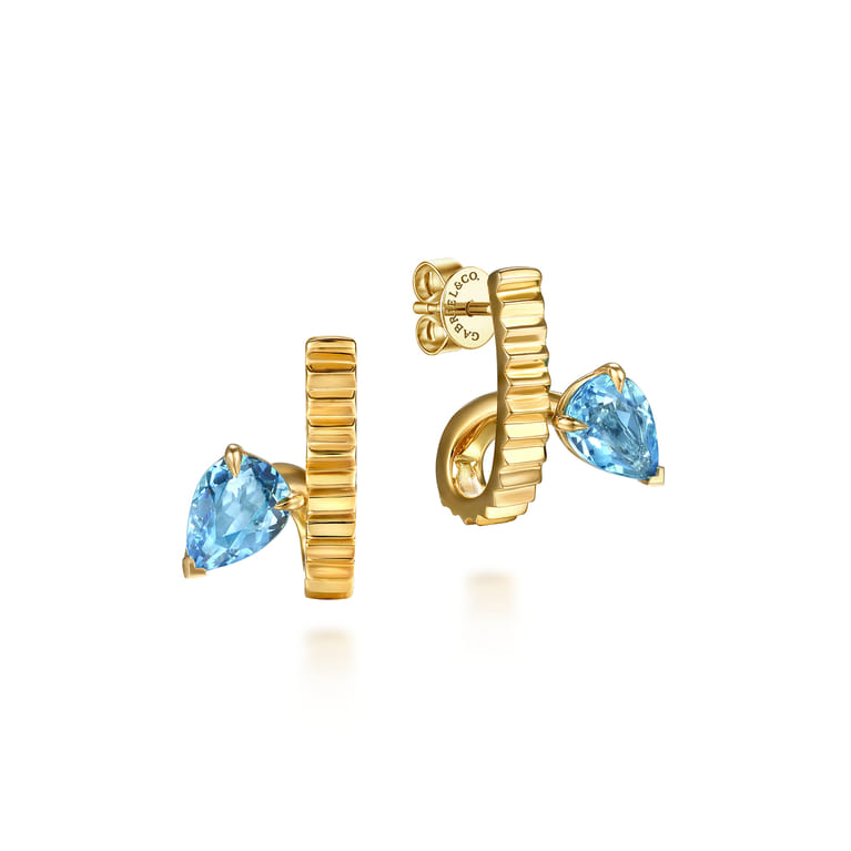 14K Yellow Gold Pear Shape Blue Topaz and Diamond Cut J-Hoop Earrings - Shot 1